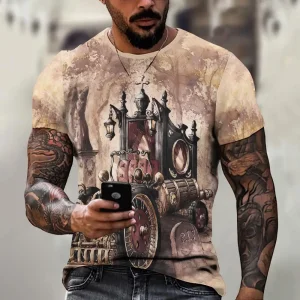 Vintage Men's T-shirt Ship Anchor Shirt Tops Compass Printed Short-sleeve Tees Loose Daily Men Clothing Casual Streetwear