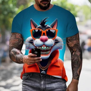 Funny men's clothing casual T-shirt 3D digital printing happy dog pattern short sleeved loose round neck versatile top for men